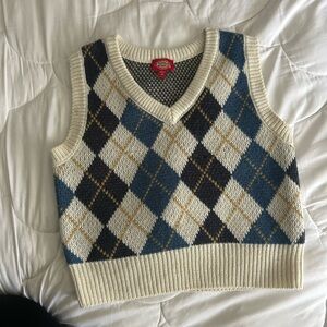 Dickies Cream and Blue Argyle V-Neck Sweater Vest